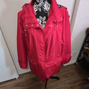 Susan Graver Bold Red And Blue Polka Dot Rain Coat.  Used But In Excellent Condi